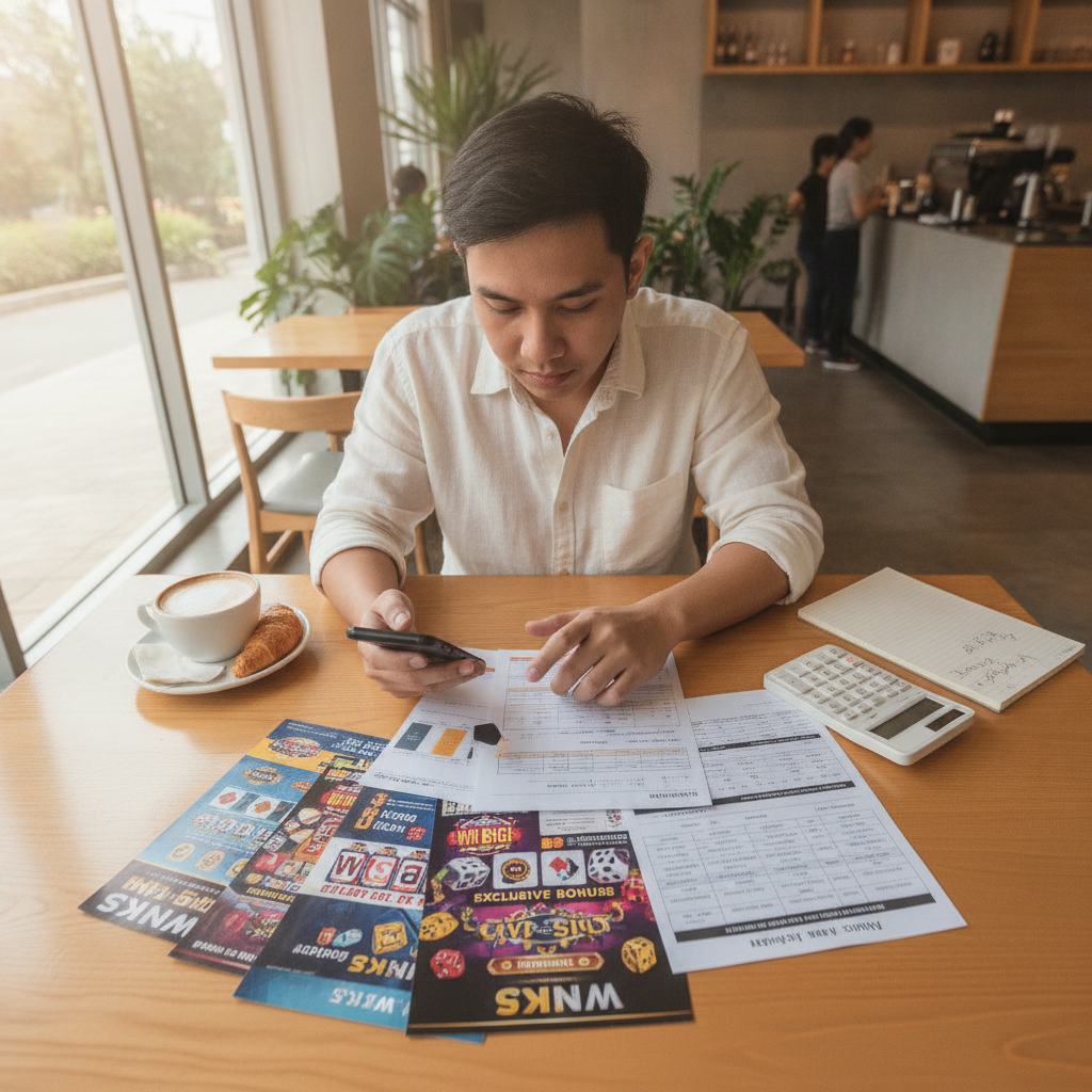 Filipino player comparing casino bonus offers on mobile phone with promotional materials on table